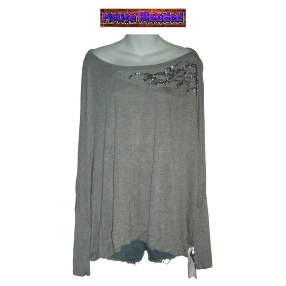 Young Fabulous & Broke Blouse Heathered Gray Jewel Neckline Bling Modal OSFA NWT - Picture 1 of 9